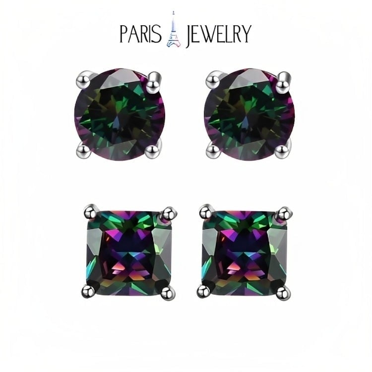 Paris Jewelry 18k White Gold 2 Pair Created Mystic 4mm Round and Princess Cut Stud Earrings Plated Image 1