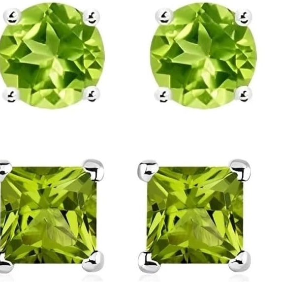 Paris Jewelry 18k White Gold 2 Pair Created Peridot 4mm Round and Princess Cut Stud Earrings Plated Image 1