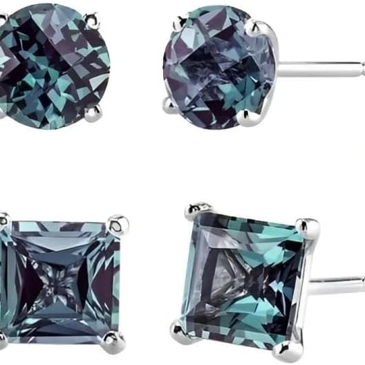 Paris Jewelry 18k White Gold 2 Pair Created Alexandrite 4mm Round and Princess Cut Stud Earrings Plated Image 1