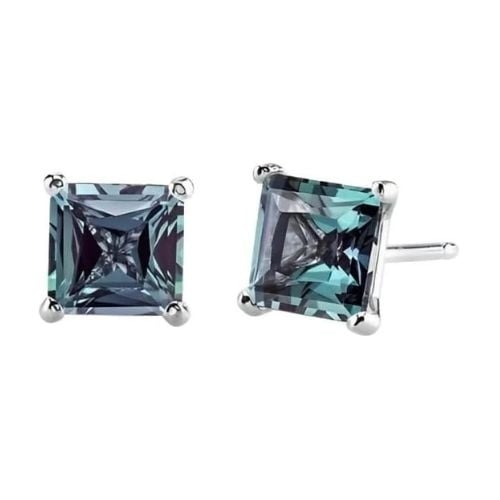 Paris Jewelry 18k White Gold 2 Pair Created Alexandrite 4mm Round and Princess Cut Stud Earrings Plated Image 3