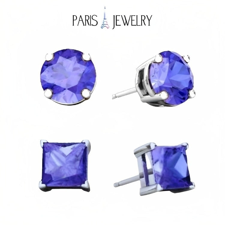 Paris Jewelry 18k White Gold 2 Pair Created Tanzanite 4mm Round and Princess Cut Stud Earrings Plated Image 1