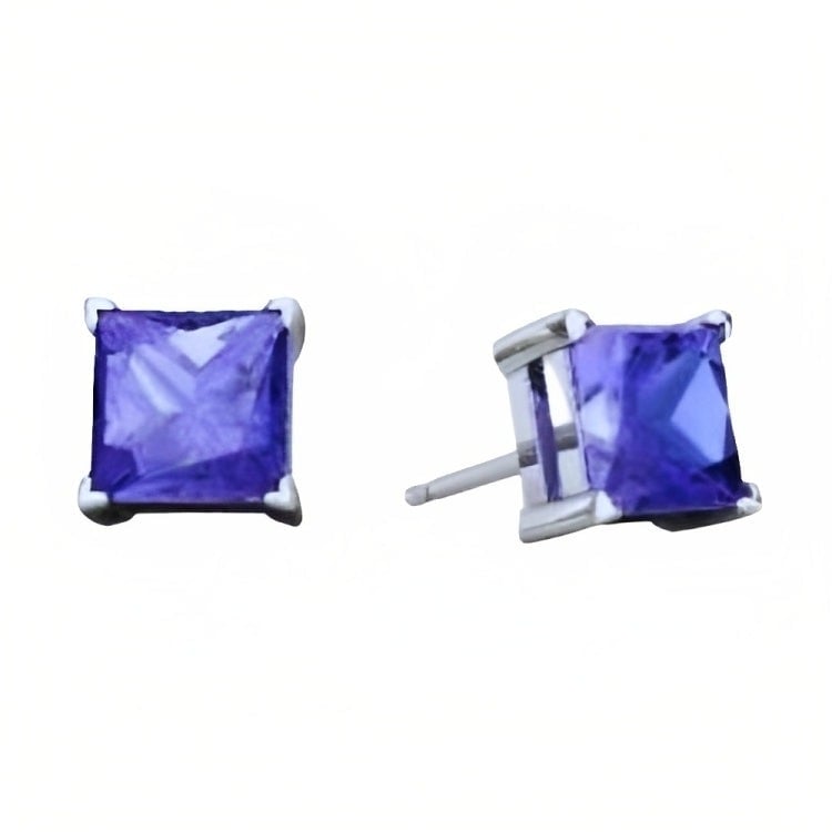 Paris Jewelry 18k White Gold 2 Pair Created Tanzanite 4mm Round and Princess Cut Stud Earrings Plated Image 3