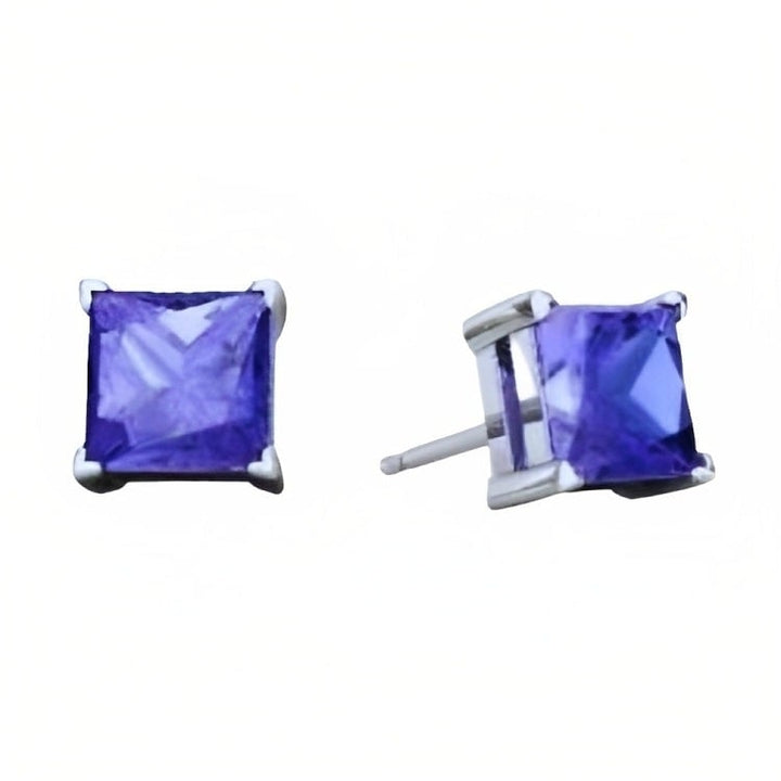 Paris Jewelry 18k White Gold 2 Pair Created Tanzanite 4mm Round and Princess Cut Stud Earrings Plated Image 3