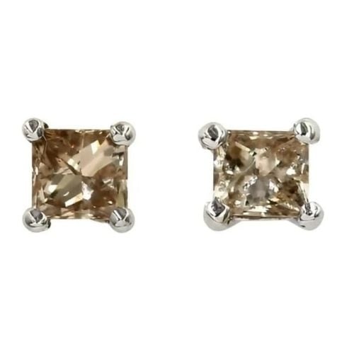 Paris Jewelry 18k White Gold 2 Pair Created Champagne 4mm Round and Princess Cut Stud Earrings Plated Image 3