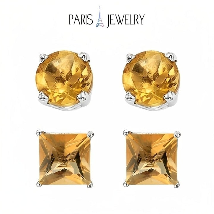 Paris Jewelry 18k White Gold 2 Pair Created Citrine 4mm Round and Princess Cut Stud Earrings Plated Image 1