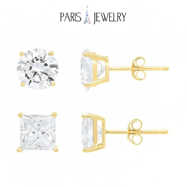 Paris Jewelry 18k Yellow Gold 2 Pair Created White Sapphire 4mm Round and Princess Cut Stud Earrings Plated Image 1