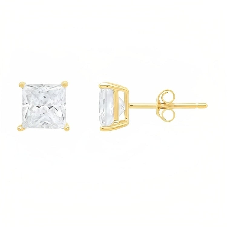 Paris Jewelry 18k Yellow Gold 2 Pair Created White Sapphire 4mm Round and Princess Cut Stud Earrings Plated Image 3