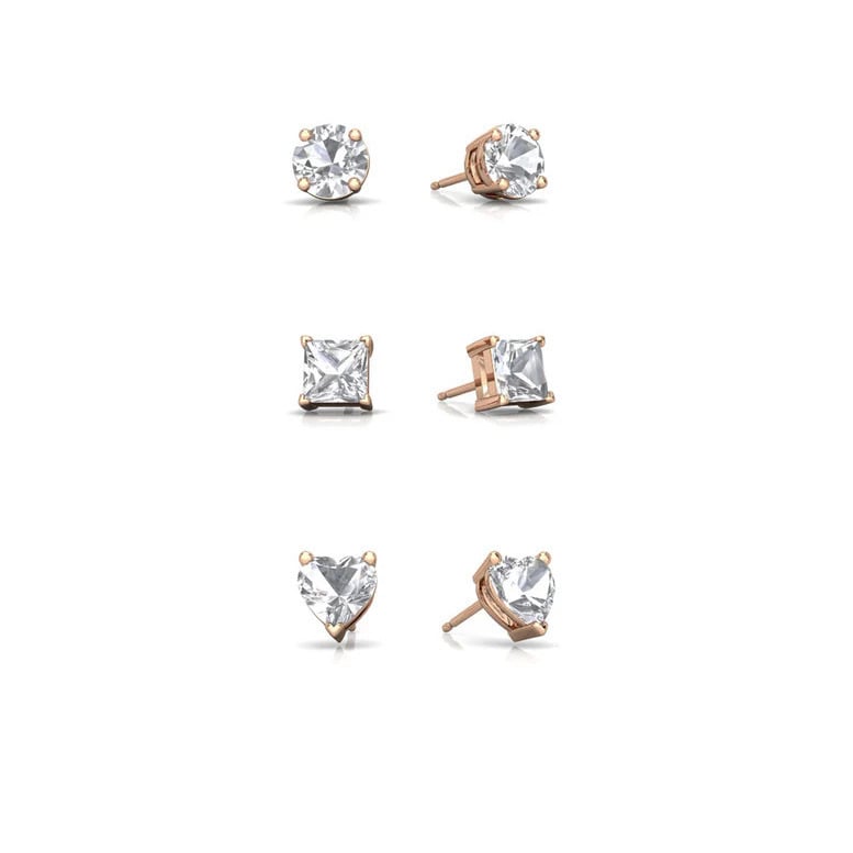 18k Rose Gold Plated 4mm Created White Sapphire 3 Pair Round Square And Heart Stud Earrings Image 1