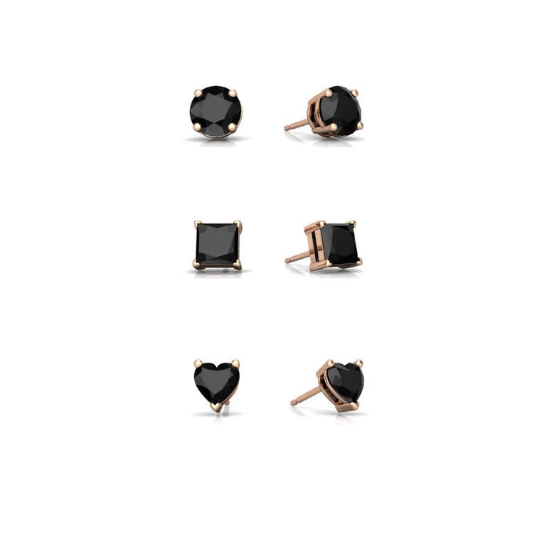 18k Rose Gold Plated 4mm Created Black Sapphire 3 Pair Round Square And Heart Stud Earrings Image 1