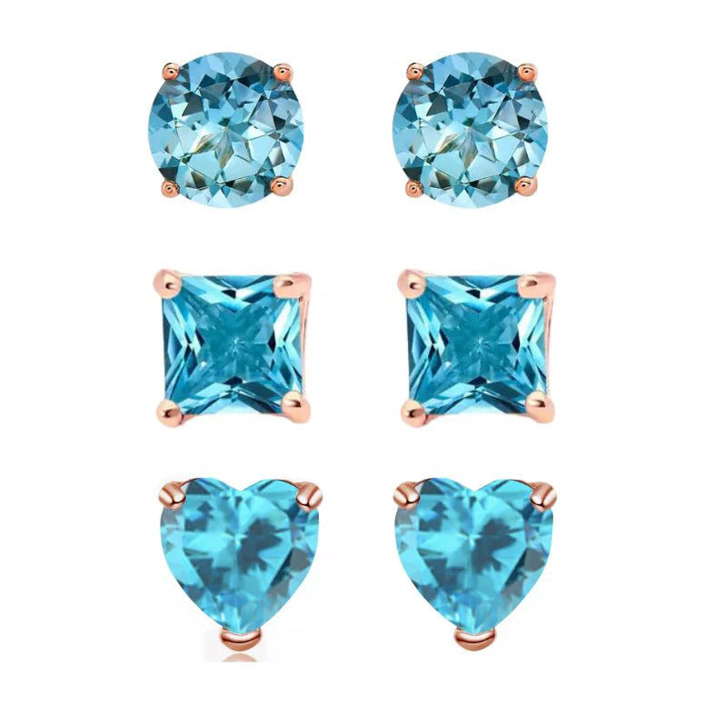 18k Rose Gold Plated 4mm Created Blue Topaz 3 Pair Round Square And Heart Stud Earrings Image 1