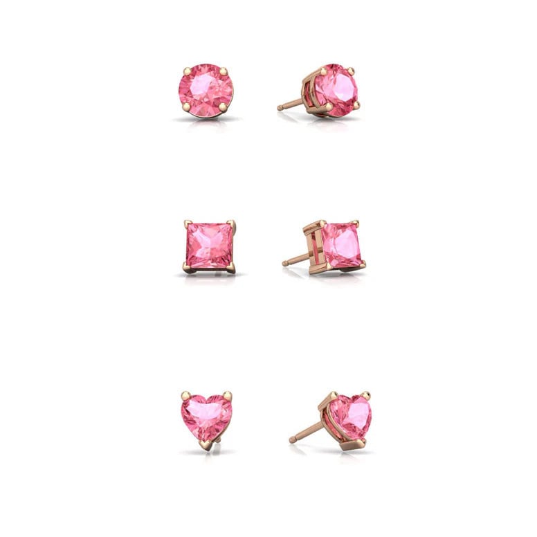 18k Rose Gold Plated 4mm Created Pink Sapphire 3 Pair Round Square And Heart Stud Earrings Image 1