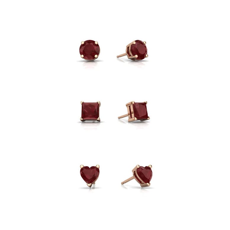 18k Rose Gold Plated 4mm Created Ruby 3 Pair Round Square And Heart Stud Earrings Image 1