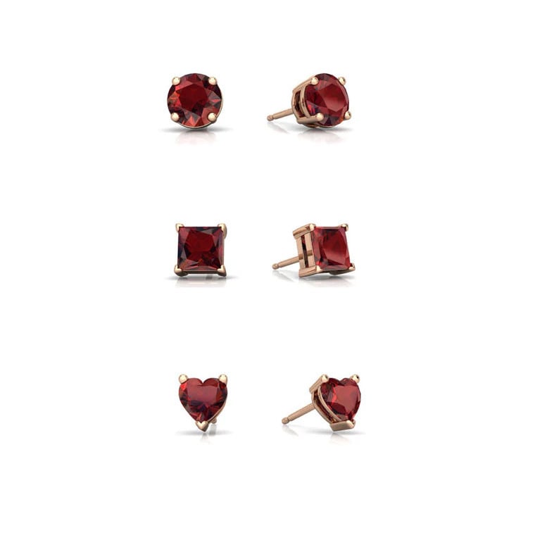 18k Rose Gold Plated 4mm Created Garnet 3 Pair Round Square And Heart Stud Earrings Image 1