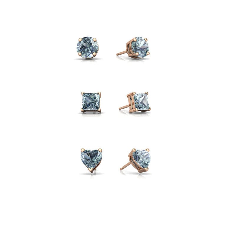 18k Rose Gold Plated 4mm Created Aquamarine 3 Pair Round Square And Heart Stud Earrings Image 1