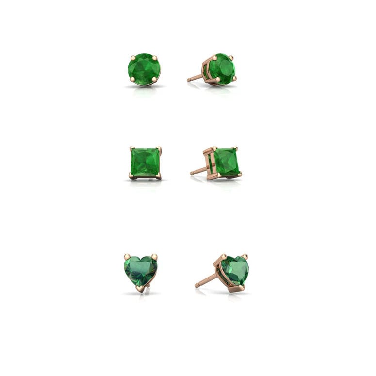 18k Rose Gold Plated 4mm Created Emerald 3 Pair Round Square And Heart Stud Earrings Image 1