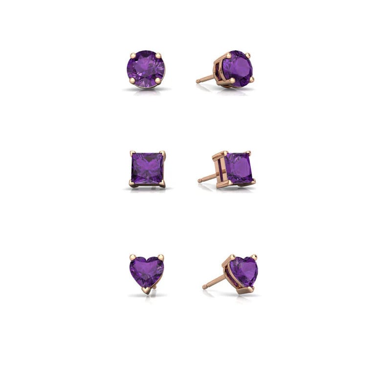 18k Rose Gold Plated 4mm Created Amethyst 3 Pair Round Square And Heart Stud Earrings Image 1