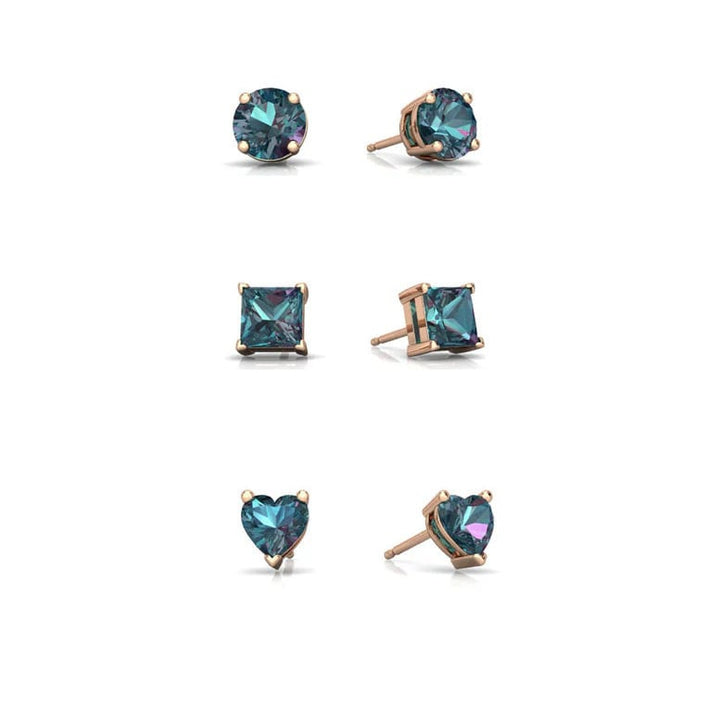 18k Rose Gold Plated 4mm Created Alexandrite 3 Pair Round Square And Heart Stud Earrings Image 1