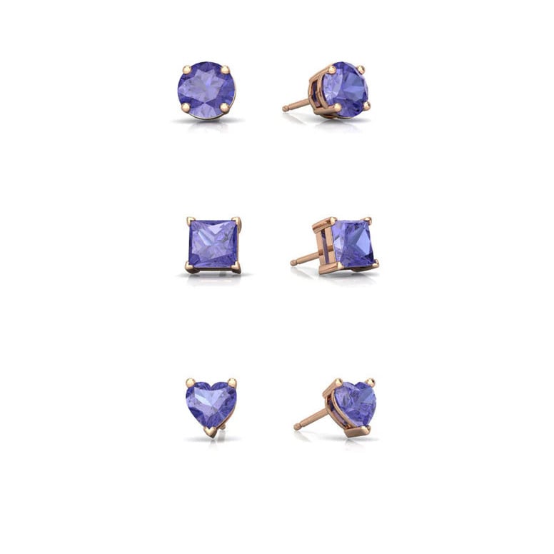 18k Rose Gold Plated 4mm Created Tanzanite 3 Pair Round Square And Heart Stud Earrings Image 1