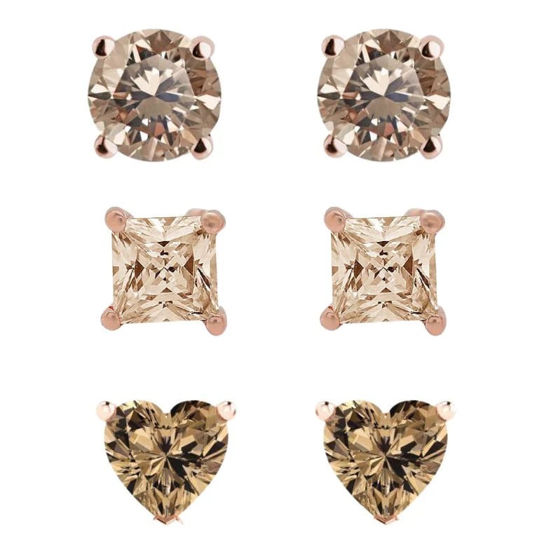 18k Rose Gold Plated 4mm Created Champagne 3 Pair Round Square And Heart Stud Earrings Image 1