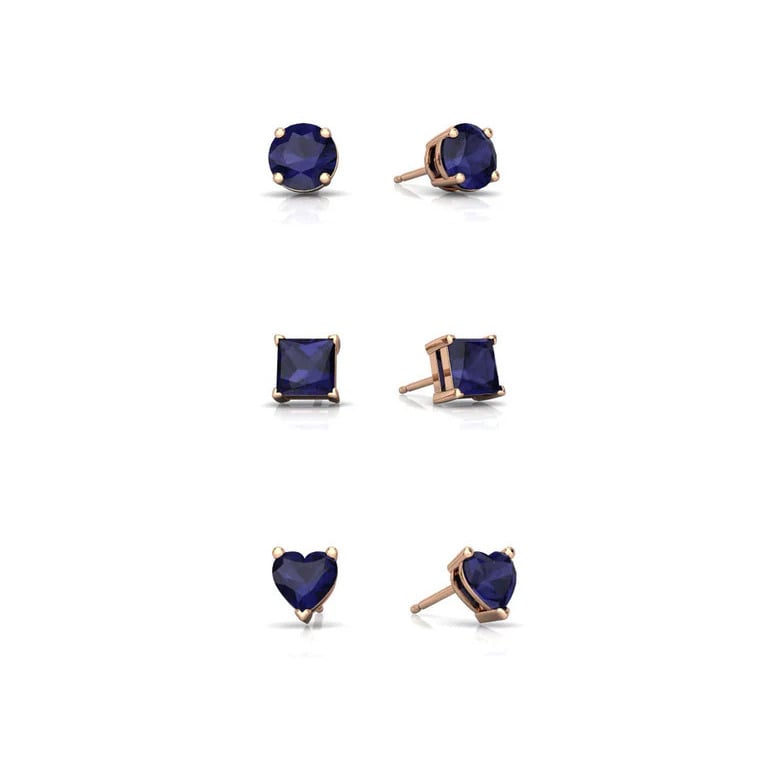 18k Rose Gold Plated 6mm Created Blue Sapphire 3 Pair Round Square And Heart Stud Earrings Image 1