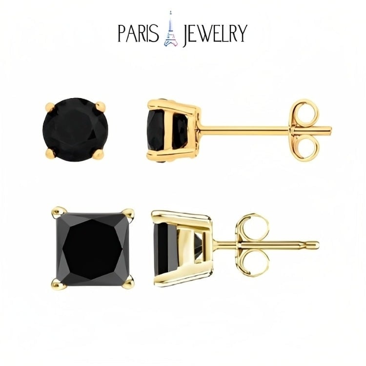 Paris Jewelry 18k Yellow Gold 2 Pair Created Black Sapphire 4mm Round and Princess Cut Stud Earrings Plated Image 1