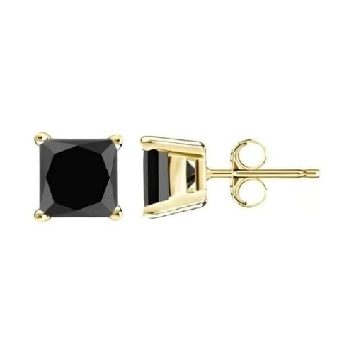 Paris Jewelry 18k Yellow Gold 2 Pair Created Black Sapphire 4mm Round and Princess Cut Stud Earrings Plated Image 3