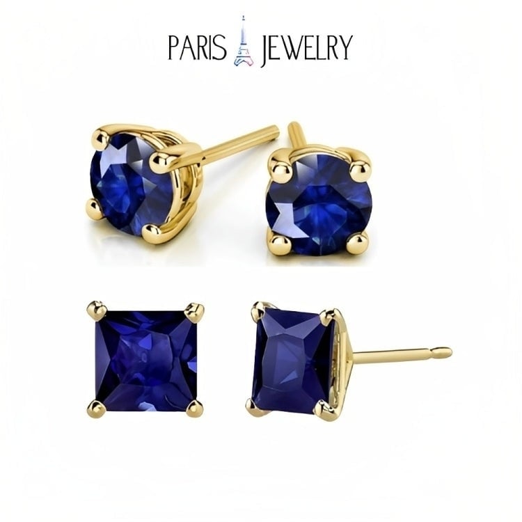 Paris Jewelry 18k Yellow Gold 2 Pair Created Blue Sapphire 4mm Round and Princess Cut Stud Earrings Plated Image 1