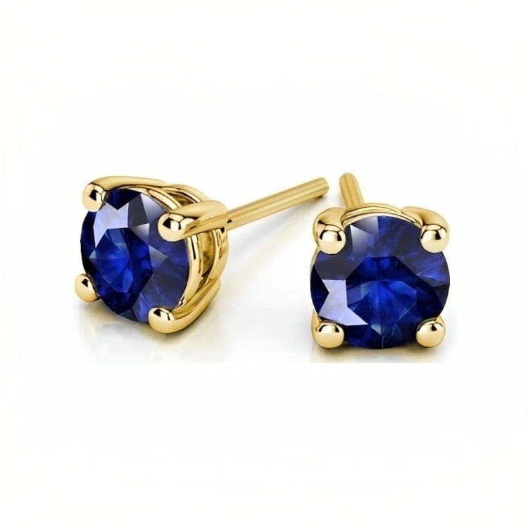 Paris Jewelry 18k Yellow Gold 2 Pair Created Blue Sapphire 4mm Round and Princess Cut Stud Earrings Plated Image 2