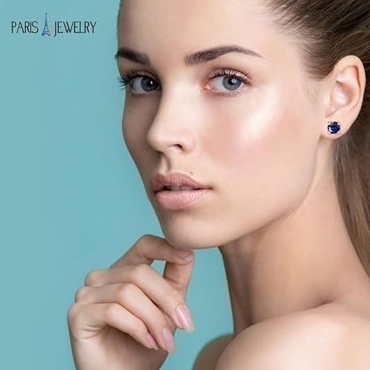 Paris Jewelry 18k Yellow Gold 2 Pair Created Blue Sapphire 4mm Round and Princess Cut Stud Earrings Plated Image 4