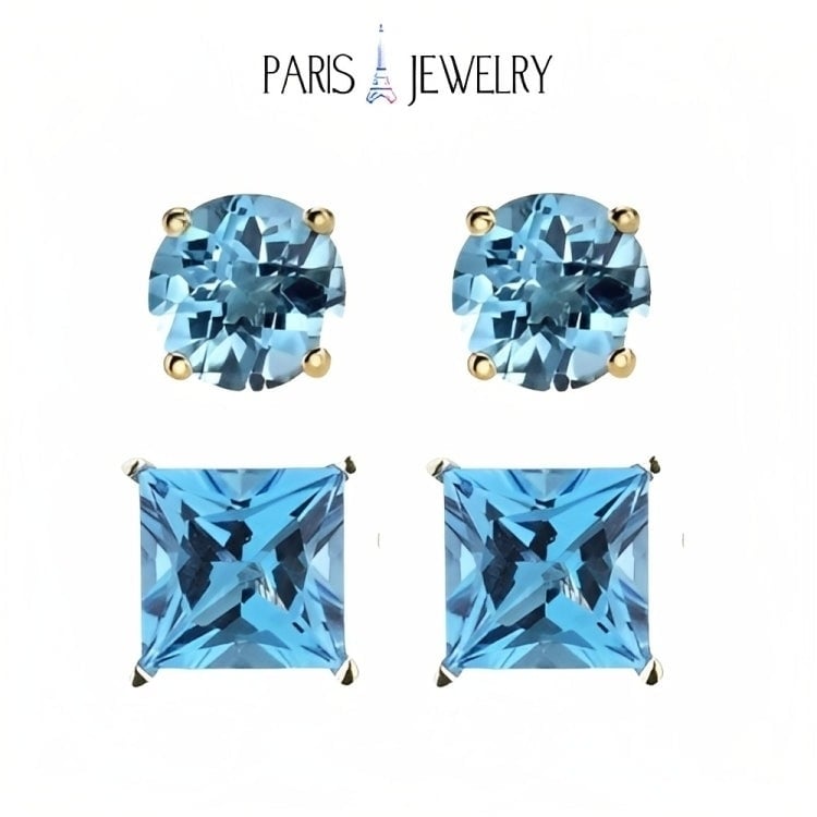 Paris Jewelry 18k Yellow Gold 2 Pair Created Blue Topaz 4mm Round and Princess Cut Stud Earrings Plated Image 1