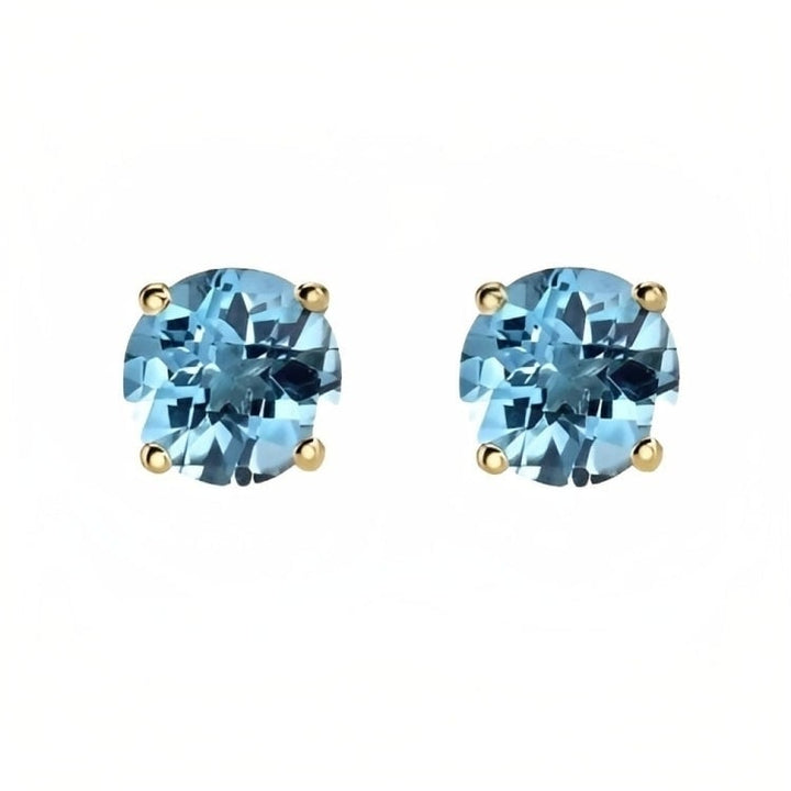 Paris Jewelry 18k Yellow Gold 2 Pair Created Blue Topaz 4mm Round and Princess Cut Stud Earrings Plated Image 2