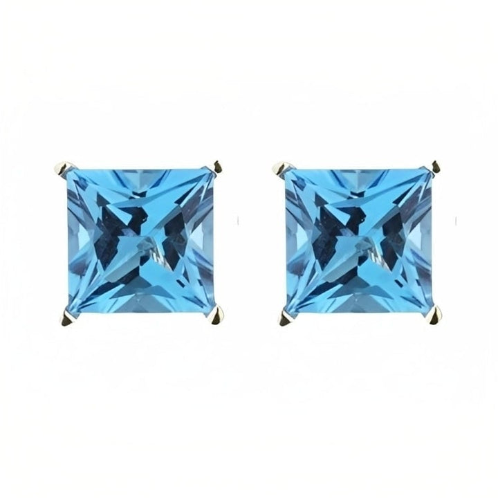 Paris Jewelry 18k Yellow Gold 2 Pair Created Blue Topaz 4mm Round and Princess Cut Stud Earrings Plated Image 3