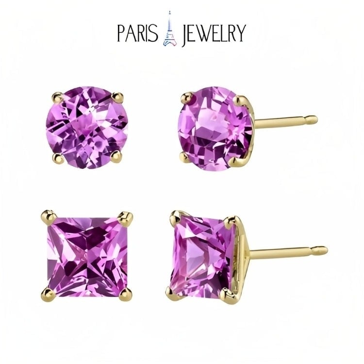 Paris Jewelry 18k Yellow Gold 2 Pair Created Pink Sapphire 4mm Round and Princess Cut Stud Earrings Plated Image 1