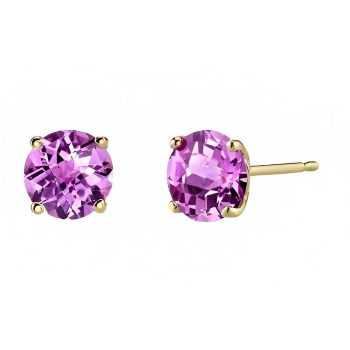 Paris Jewelry 18k Yellow Gold 2 Pair Created Pink Sapphire 4mm Round and Princess Cut Stud Earrings Plated Image 3