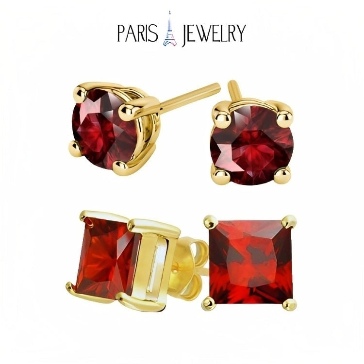 Paris Jewelry 18k Yellow Gold 2 Pair Created Ruby 4mm Round and Princess Cut Stud Earrings Plated Image 1