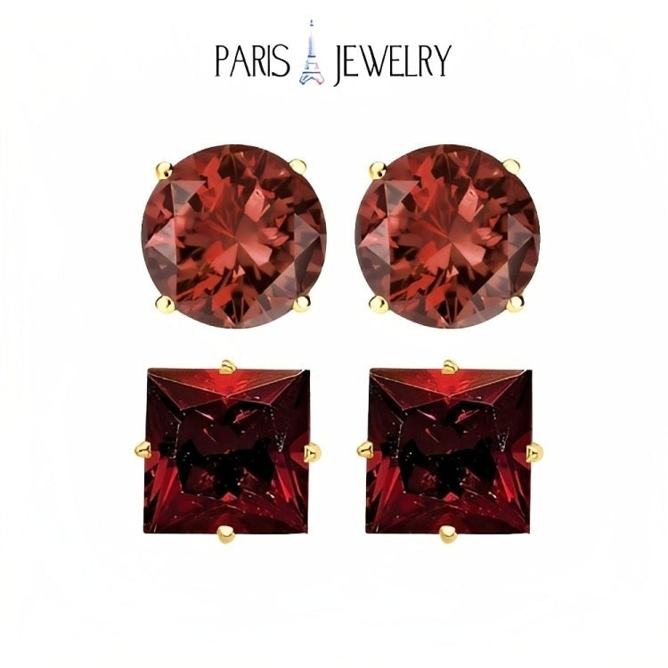 Paris Jewelry 18k Yellow Gold 2 Pair Created Garnet 4mm Round and Princess Cut Stud Earrings Plated Image 1