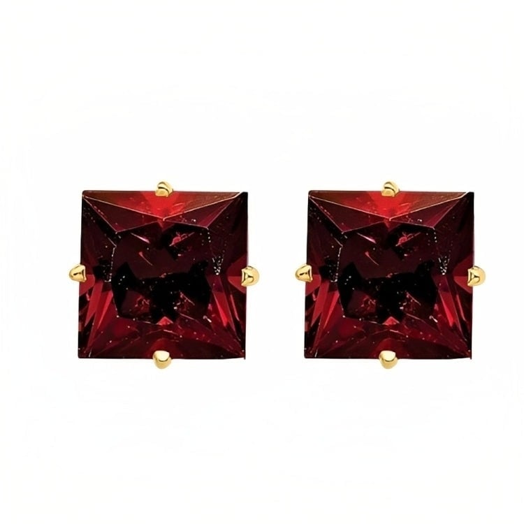 Paris Jewelry 18k Yellow Gold 2 Pair Created Garnet 4mm Round and Princess Cut Stud Earrings Plated Image 3