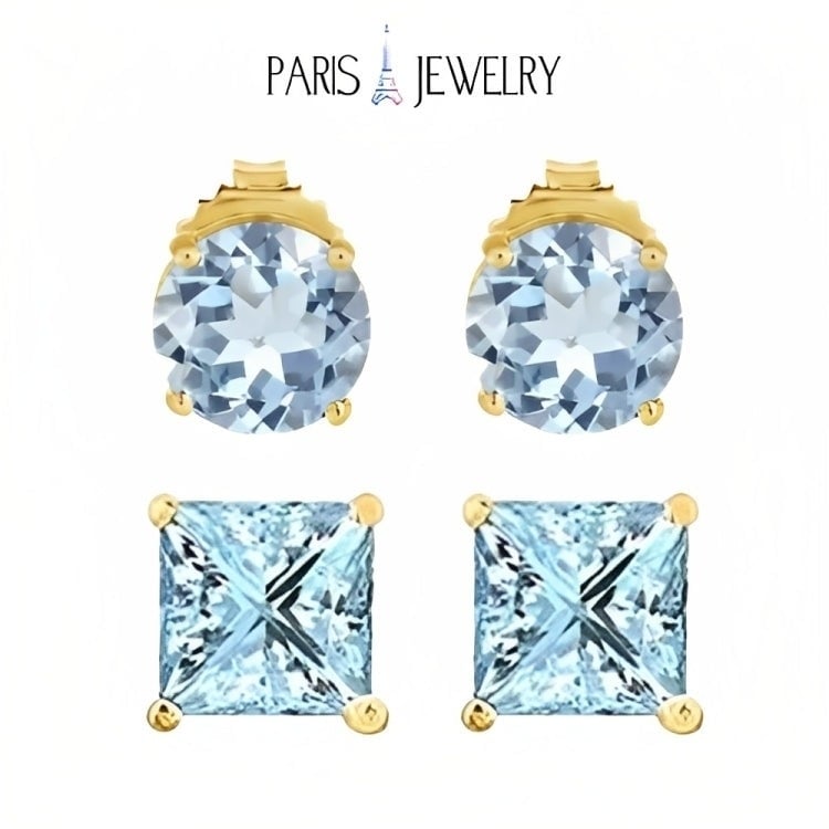 Paris Jewelry 18k Yellow Gold 2 Pair Created Aquamarine 4mm Round and Princess Cut Stud Earrings Plated Image 1