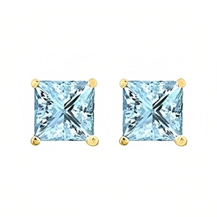 Paris Jewelry 18k Yellow Gold 2 Pair Created Aquamarine 4mm Round and Princess Cut Stud Earrings Plated Image 3