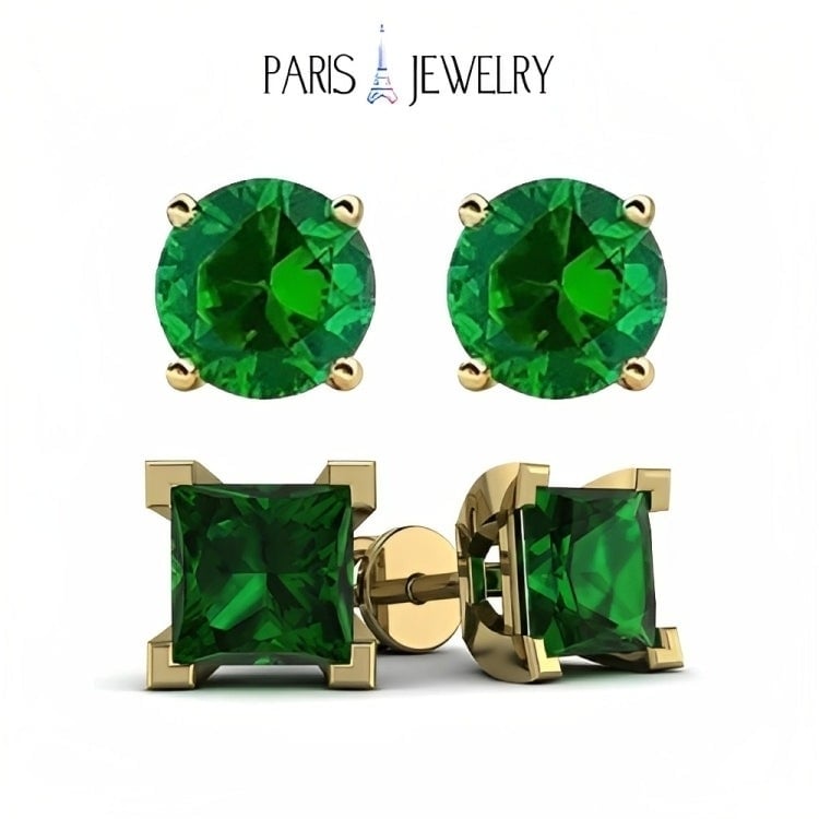 Paris Jewelry 18k Yellow Gold 2 Pair Created Emerald 4mm Round and Princess Cut Stud Earrings Plated Image 1