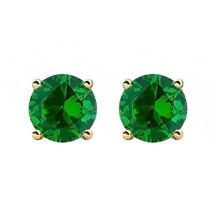 Paris Jewelry 18k Yellow Gold 2 Pair Created Emerald 4mm Round and Princess Cut Stud Earrings Plated Image 2