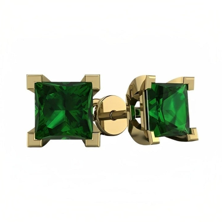 Paris Jewelry 18k Yellow Gold 2 Pair Created Emerald 4mm Round and Princess Cut Stud Earrings Plated Image 3