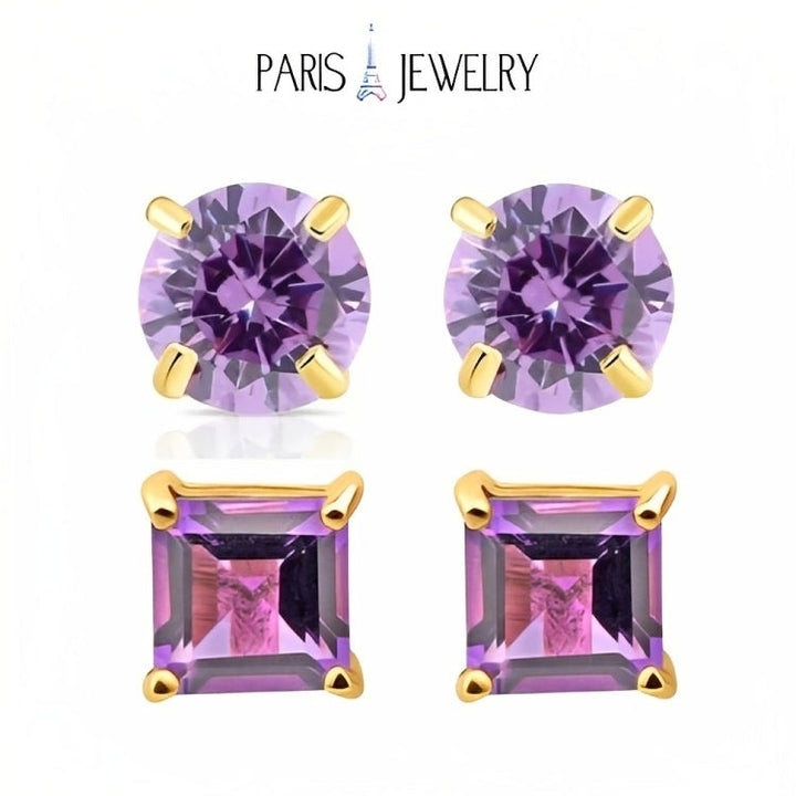 Paris Jewelry 18k Yellow Gold 2 Pair Created Amethyst 4mm Round and Princess Cut Stud Earrings Plated Image 1