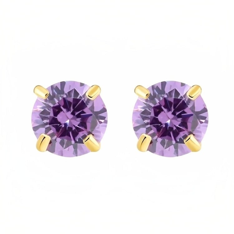 Paris Jewelry 18k Yellow Gold 2 Pair Created Amethyst 4mm Round and Princess Cut Stud Earrings Plated Image 2