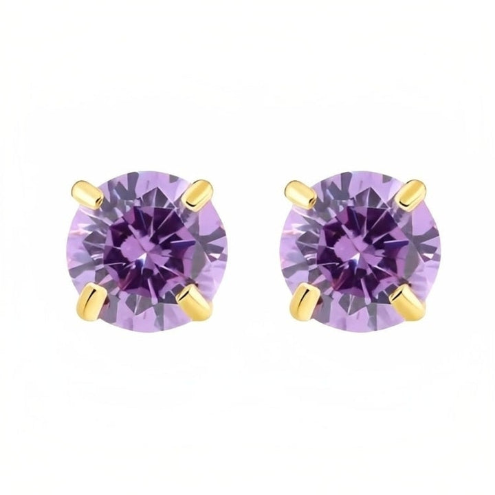 Paris Jewelry 18k Yellow Gold 2 Pair Created Amethyst 4mm Round and Princess Cut Stud Earrings Plated Image 2