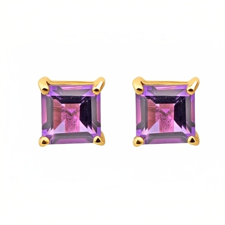 Paris Jewelry 18k Yellow Gold 2 Pair Created Amethyst 4mm Round and Princess Cut Stud Earrings Plated Image 3