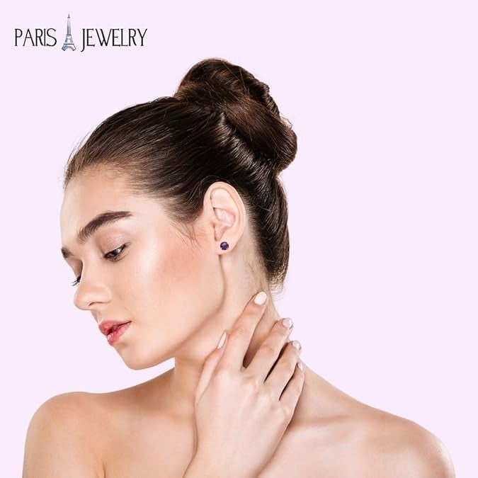 Paris Jewelry 18k Yellow Gold 2 Pair Created Amethyst 4mm Round and Princess Cut Stud Earrings Plated Image 4