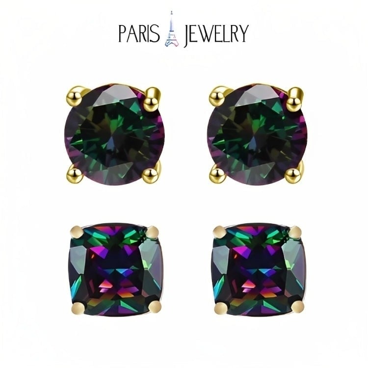 Paris Jewelry 18k Yellow Gold 2 Pair Created Mystic 4mm Round and Princess Cut Stud Earrings Plated Image 1