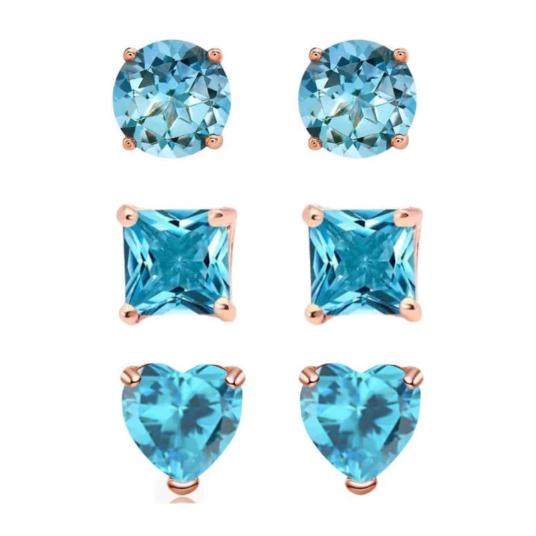 18k Rose Gold Plated 4Cttw Created Blue Topaz 3 Pair Round Square And Heart Stud Earrings Image 1