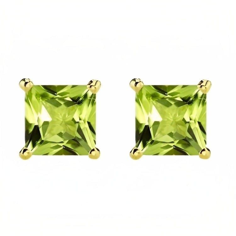 Paris Jewelry 18k Yellow Gold 2 Pair Created Peridot 4mm Round and Princess Cut Stud Earrings Plated Image 2